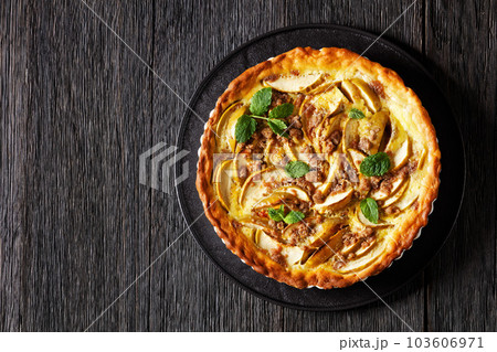 German Apfelkuchen, Apple Custard Cake, top view 103606971