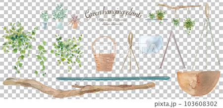 蔓植物とハンギングバスケットの水彩イラスト。コーディネイト可能な植物とガーデニング用品。 103608302