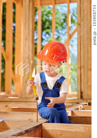 Young boy indulges in playful construction of timber-framed house. Toddler acquiring skill of extracting driven nail with hammer. Concept of early childhood development and parental assistance. 103608733