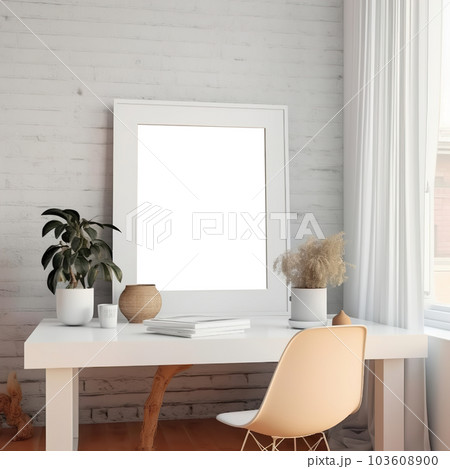 Artwork frame mock-up, minimalist blank empty frame on beige wall, front view, realistic contemporary home interior 103608900