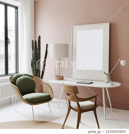 Artwork frame mock-up, minimalist blank empty frame on beige wall, front view, realistic contemporary home interior 103608904