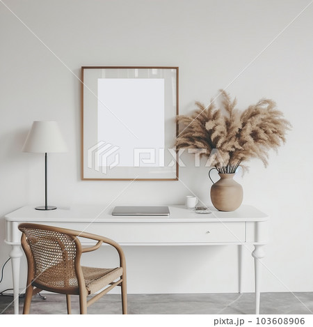 Artwork frame mock-up, minimalist blank empty frame on beige wall, front view, realistic contemporary home interior 103608906