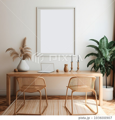 Artwork frame mock-up, minimalist blank empty frame on beige wall, front view, realistic contemporary home interior 103608907
