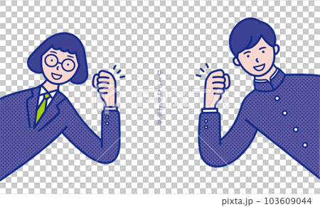 ガッツポーズをする学生の男女の上半身が横からひょっこりと出ているイメージのイラスト素材【セット】 ガッツポーズをする学生の男女の上半身が横からひょっこりと出ているイメージのイラスト素材【セット】 103609044
