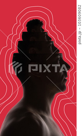 Inner self. Man suffering from diversity of personalities inside his head. Unstable psychics. Contemporary art collage. Inner self. Man suffering from diversity of personalities inside his head. Unstable psychics. Contemporary art collage. 103609082