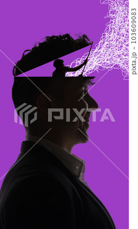 Tangled thoughts. Man having unclear understanding, suffering from unstable emotions and stress. Contemporary art collage. 103609083