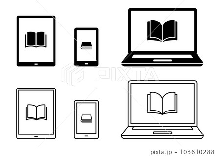 電子書籍のアイコンマークとパソコン、タブレットとスマホの線画ベクターイラスト白黒素材セット 103610288