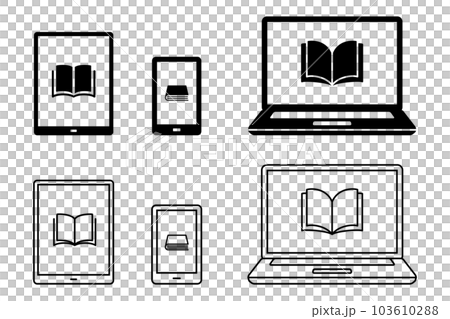 電子書籍のアイコンマークとパソコン、タブレットとスマホの線画ベクターイラスト白黒素材セット 103610288