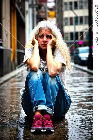 Old woman is sitting on the road of an abandoned wet street, holds his hands behind his head, suffering from crisis, poverty, loneliness. Generative AI Old woman is sitting on the road of an abandoned wet street, holds his hands behind his head, suffering from crisis, poverty, loneliness. Generative AI 103610720