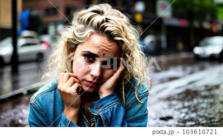 Portrait of homeless young girl is sitting on the road of abandoned wet street, suffering from crisis, poverty, loneliness. Cinematic view. Generative AI Portrait of homeless young girl is sitting on the road of abandoned wet street, suffering from crisis, poverty, loneliness. Cinematic view. Generative AI 103610721