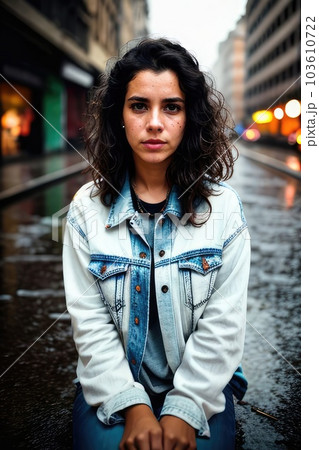 Young girl is sitting on the road of abandoned wet street, suffering from crisis, poverty, loneliness. Cinematic view. Generative AI Young girl is sitting on the road of abandoned wet street, suffering from crisis, poverty, loneliness. Cinematic view. Generative AI 103610722