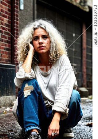 Young girl is sitting on the road of abandoned wet street, suffering from crisis, poverty, loneliness. Cinematic view. Generative AI Young girl is sitting on the road of abandoned wet street, suffering from crisis, poverty, loneliness. Cinematic view. Generative AI 103610723