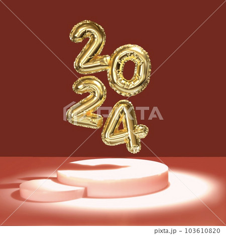 2024 New Year. 3D illustration of numbers 2024 on the catwalk. red background, gold numerals 103610820