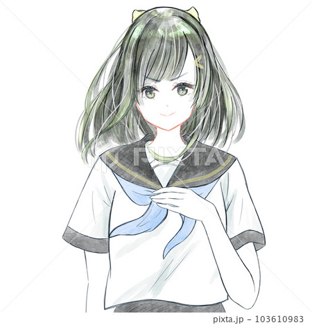 前向き笑顔の女学生　手に胸を当てる　イラストカラー版　上半身のみ メイクなし 103610983