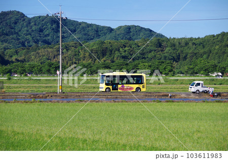 黄色の車体の広域生活バスが田園の広がる郊外の県道を走っている光景 103611983