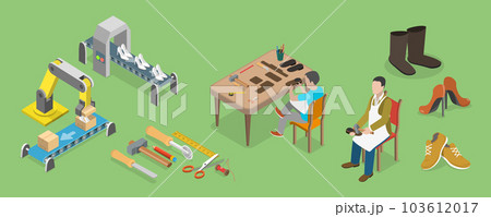 3D Isometric Flat Vector Conceptual Illustration of Leather Shoes Production 103612017