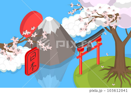 3D Isometric Flat Vector Conceptual Illustration of Japanese Landscape with Mount Fuji 3D Isometric Flat Vector Conceptual Illustration of Japanese Landscape with Mount Fuji 103612041