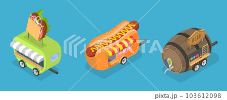 3D Isometric Flat Vector Conceptual Illustration of Street Food Trucks 103612098