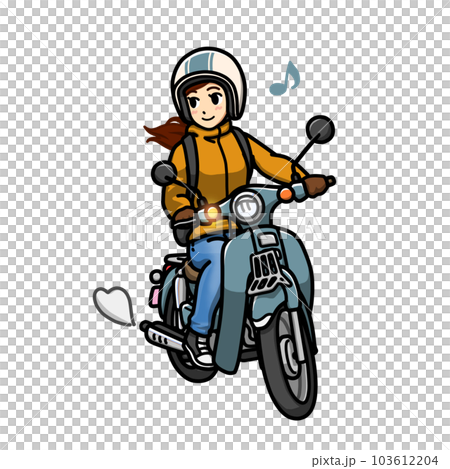 Illustration of a woman commuting to work or school on a small bike Illustration of a woman commuting to work or school on a small bike 103612204