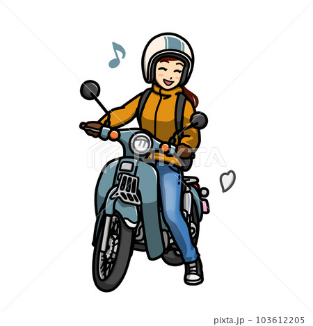 小型バイクにまたがってにっこり笑う女性のイラスト(通勤通学) 小型バイクにまたがってにっこり笑う女性のイラスト(通勤通学) 103612205