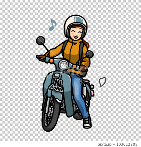 一個微笑的女人跨坐在一輛小摩托車上的插圖（上下班或上學） 103612205