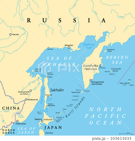 Sea of Okhotsk, political map. A marginal sea of the North Pacific Ocean, located between the Kamchatka Peninsula, the Kuril Islands, Hokkaido, Sakhalin, and a stretch of the eastern Siberian coast. 103613035