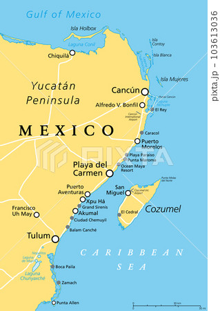 Cancun, Cozumel and Riviera Maya, Mexico, political map. Cancun, city on the coast of Yucatan Peninsula, north of Riviera Maya, a Caribbean coast resort, with Cozumel in the east of Playa del Carmen. 103613036