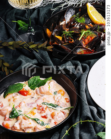 Salmon in cream sauce and Mussels Salmon in cream sauce and Mussels 103613173