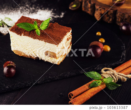 Tiramisu with grated chocolate and mint twig 103613387