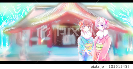 振袖を着た女性 2人 神社の背景 振袖を着た女性 2人 神社の背景 103613452