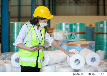 Female professional worker use tablet checking stock product in warehouse logistic storage. 103613643