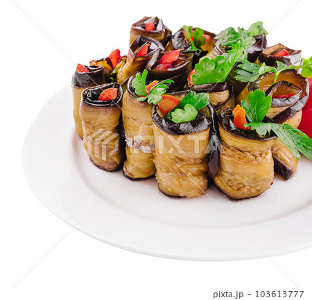 Rolls of fried eggplant stuffed with mayonnaise and tomatoes Rolls of fried eggplant stuffed with mayonnaise and tomatoes 103613777