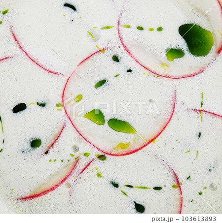 Summer yoghurt cold soup with radish 103613893