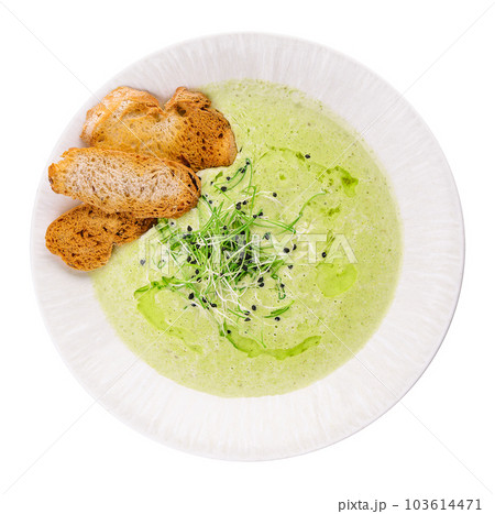 Bowl of tasty mushroom cream soup and bread 103614471