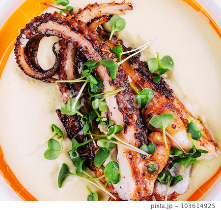 grilled octopus with potato cream soup grilled octopus with potato cream soup 103614925
