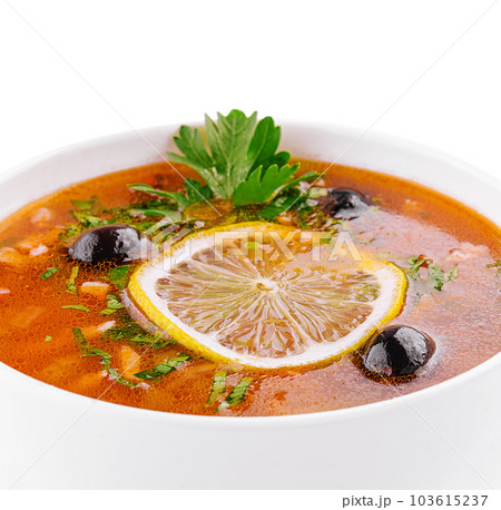 meat soup Solyanka in bowl on white 103615237