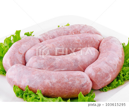 Fresh raw pork bratwurst isolated on a white background Fresh raw pork bratwurst isolated on a white background 103615295