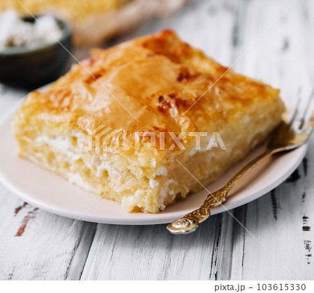 Cottage cheese casserole on white plate 103615330