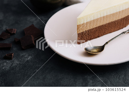 Chocolate Layered Mousse Cake on plate Chocolate Layered Mousse Cake on plate 103615524