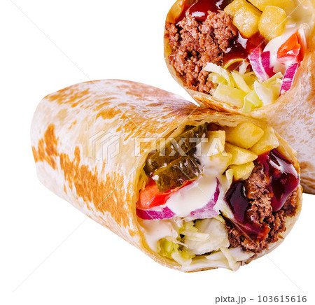 Tortilla wraps with minced meat and french fries 103615616