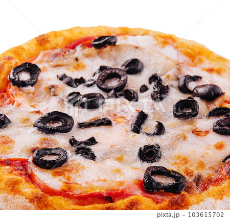 mini pizza with olives and cheese on plate 103615702