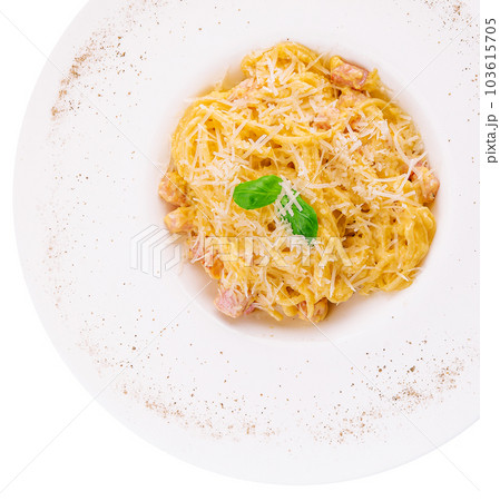 Carbonara pasta isolated on white top view 103615705