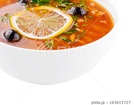 meat soup Solyanka in bowl on white meat soup Solyanka in bowl on white 103615727