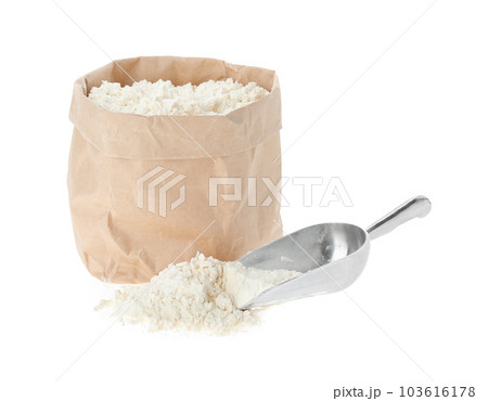 Paper bag and scoop with flour isolated on white Paper bag and scoop with flour isolated on white 103616178