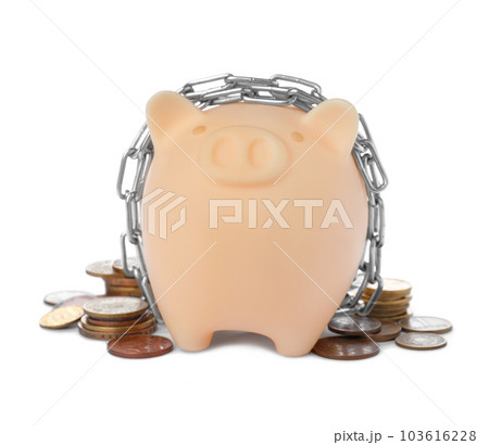Piggy bank with steel chain and coins isolated on white. Money safety concept 103616228