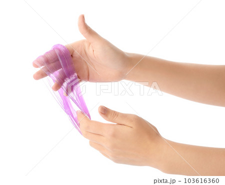 Woman playing with purple slime isolated on white, closeup. Antistress toy 103616360
