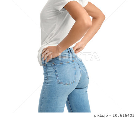 Woman wearing jeans on white background, closeup 103616403
