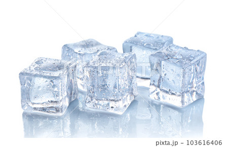 Crystal clear ice cubes with water drops isolated on white 103616406
