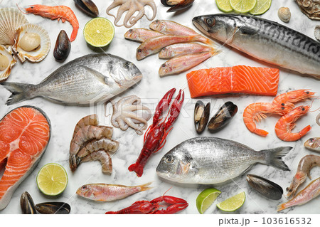 Fresh fish and different seafood on white marble table, flat lay 103616532