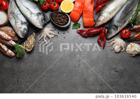 Fresh fish and different seafood on grey table, flat lay. Space for text 103616540